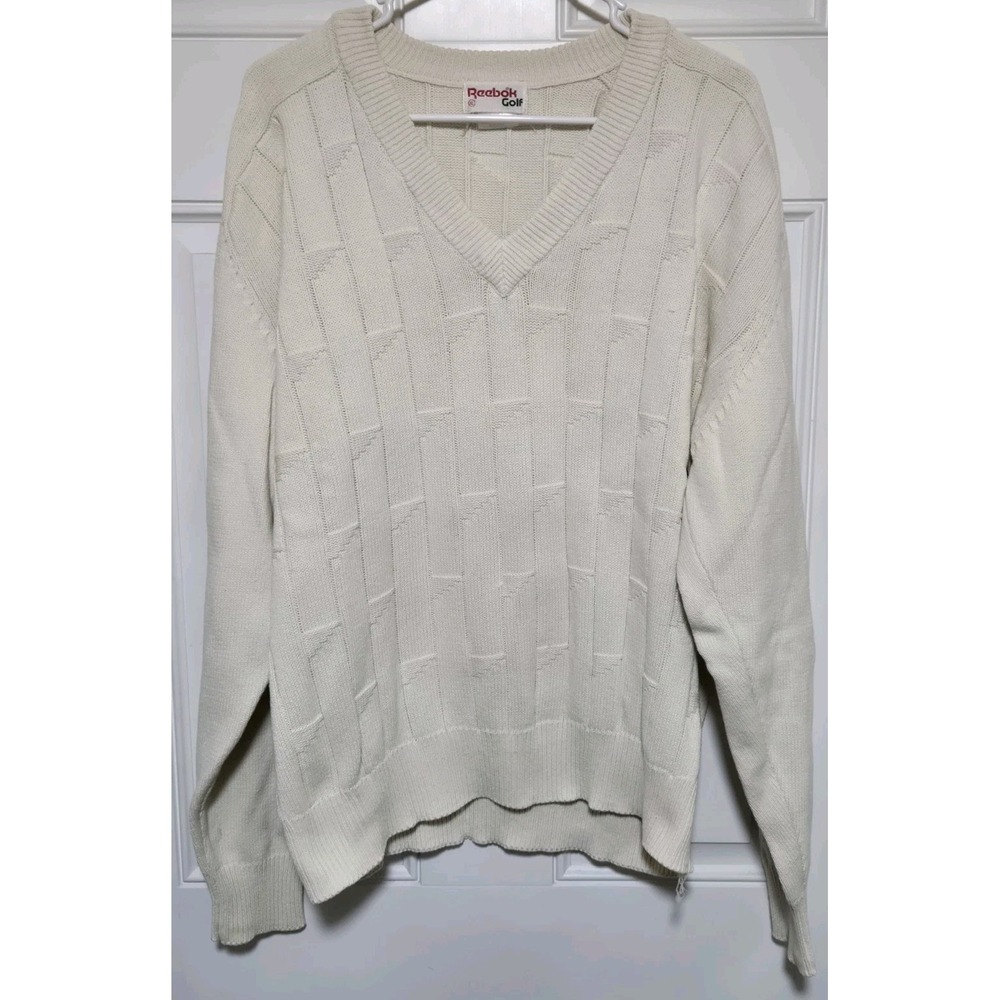 Reebok Golf Sweater‎ Size XL White Vintage V Neck Knit Pullover
